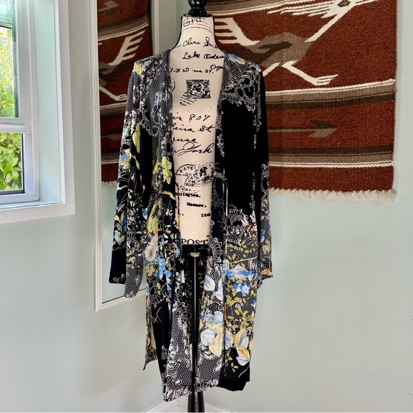 Citron Silk Tie Waist Floral Duster Kimono Cardigan - Picture 2 of 10